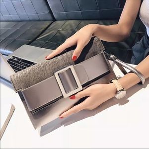 EMILY Buckle Clutch, Silver/Grey